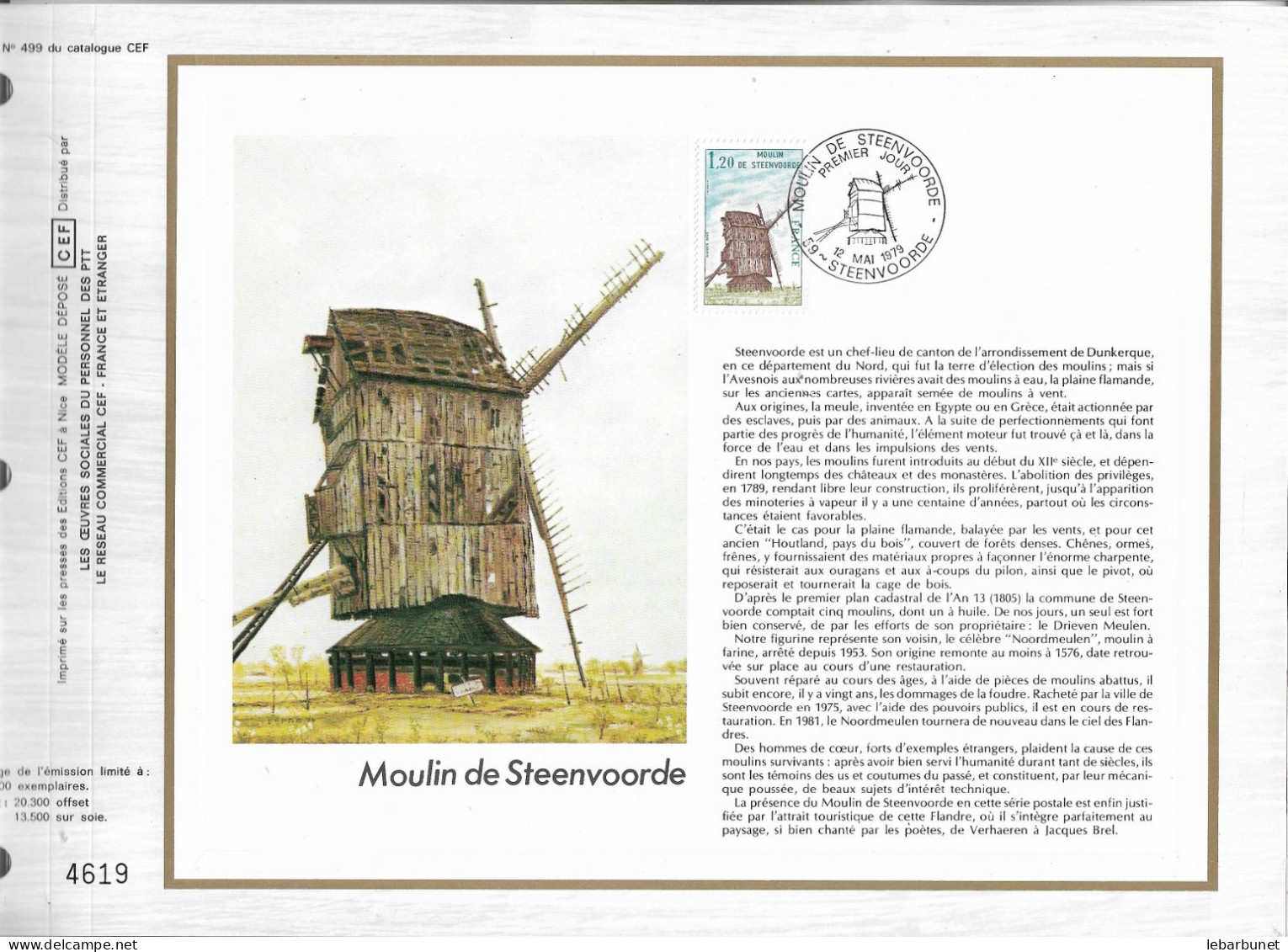 Feuillet N° 499 Du Catalogue CEF Moulin De Steenvoorde 1 Timbre à 1,20  Steenvoorde  12.05.1979 - 1970-1979