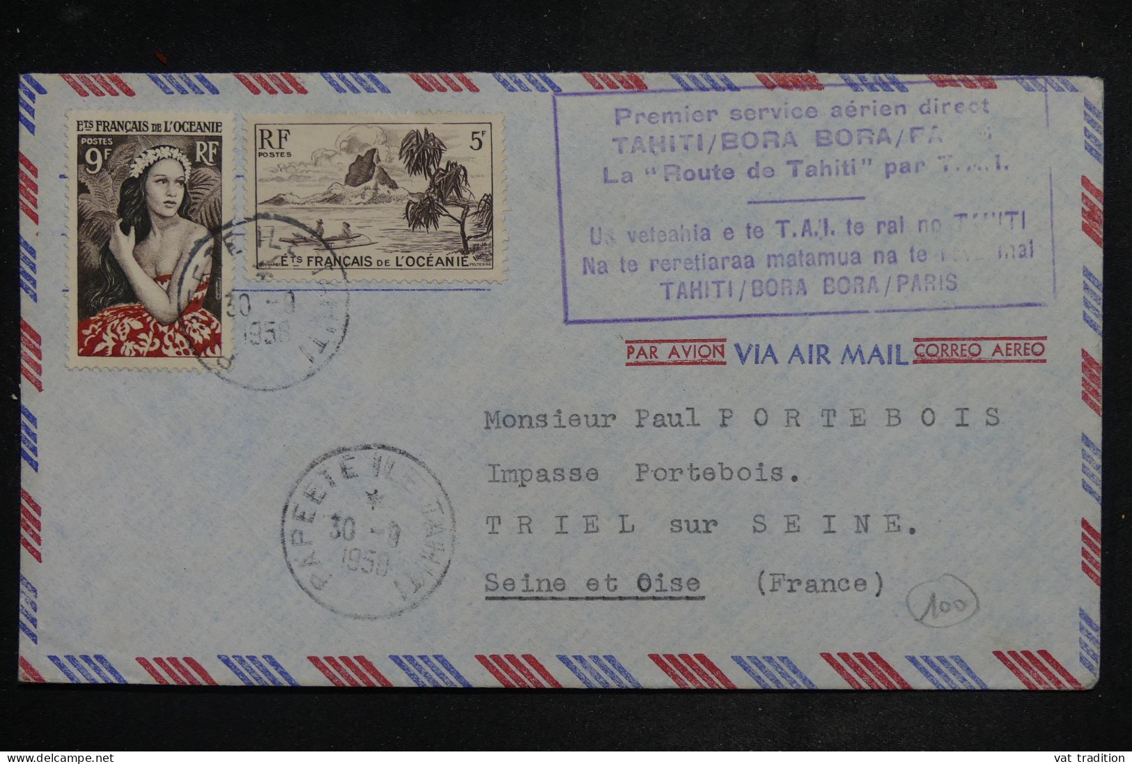 OCÉANIE - Enveloppe 1er Vol Direct Tahiti/ Bora Bora/Paris En 1958  - L 150926 - Cartas & Documentos