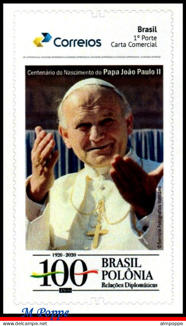 Ref. BR-V2020-52 BRAZIL 2020 - WITH POLONIA, 100 YEARS,BIRTH POPE JOHN PAUL II, MNH, RELATIONSHIP 1V - Gepersonaliseerde Postzegels