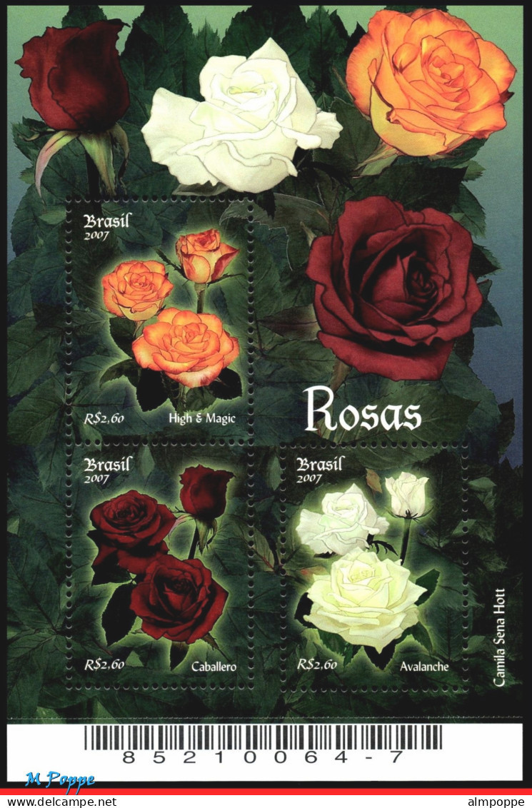 Ref. BR-3028 BRAZIL 2007 - ROSES, MI# B137NATURE, S/S MNH, FLOWERS, PLANTS 3V Sc# 3028 - Ungebraucht