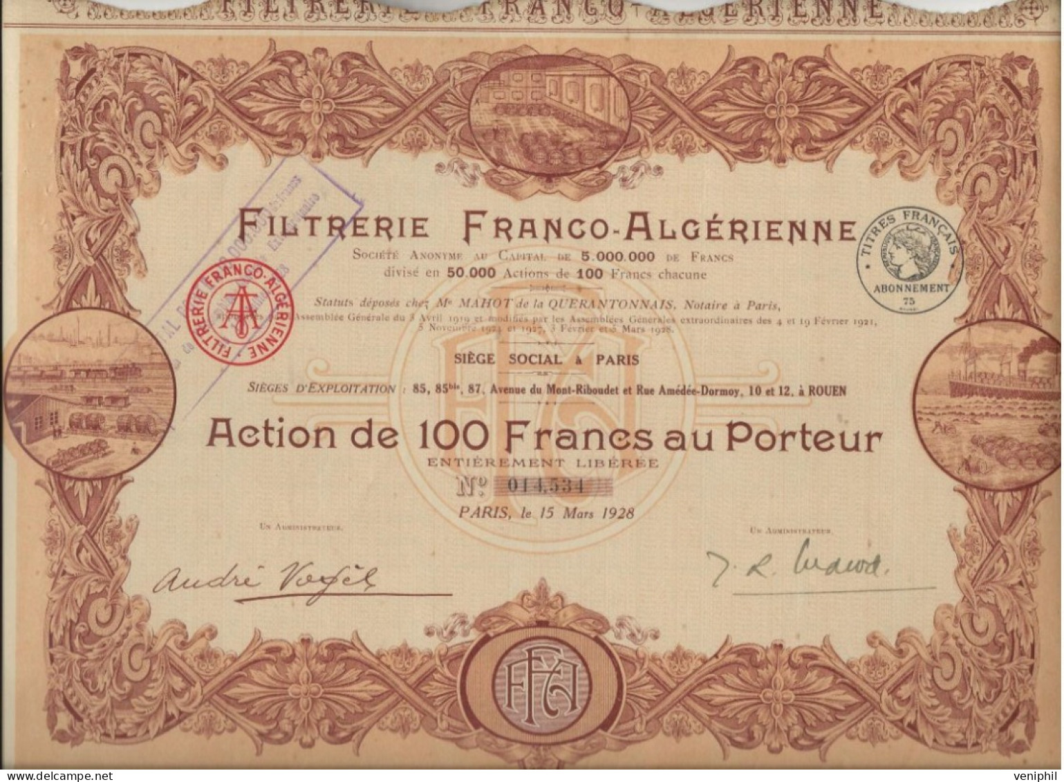 FILTRERIE FRANCO-ALGERIENNE  ACTION ILLUSTREE DE 100 FRS - 1928 - Aardolie