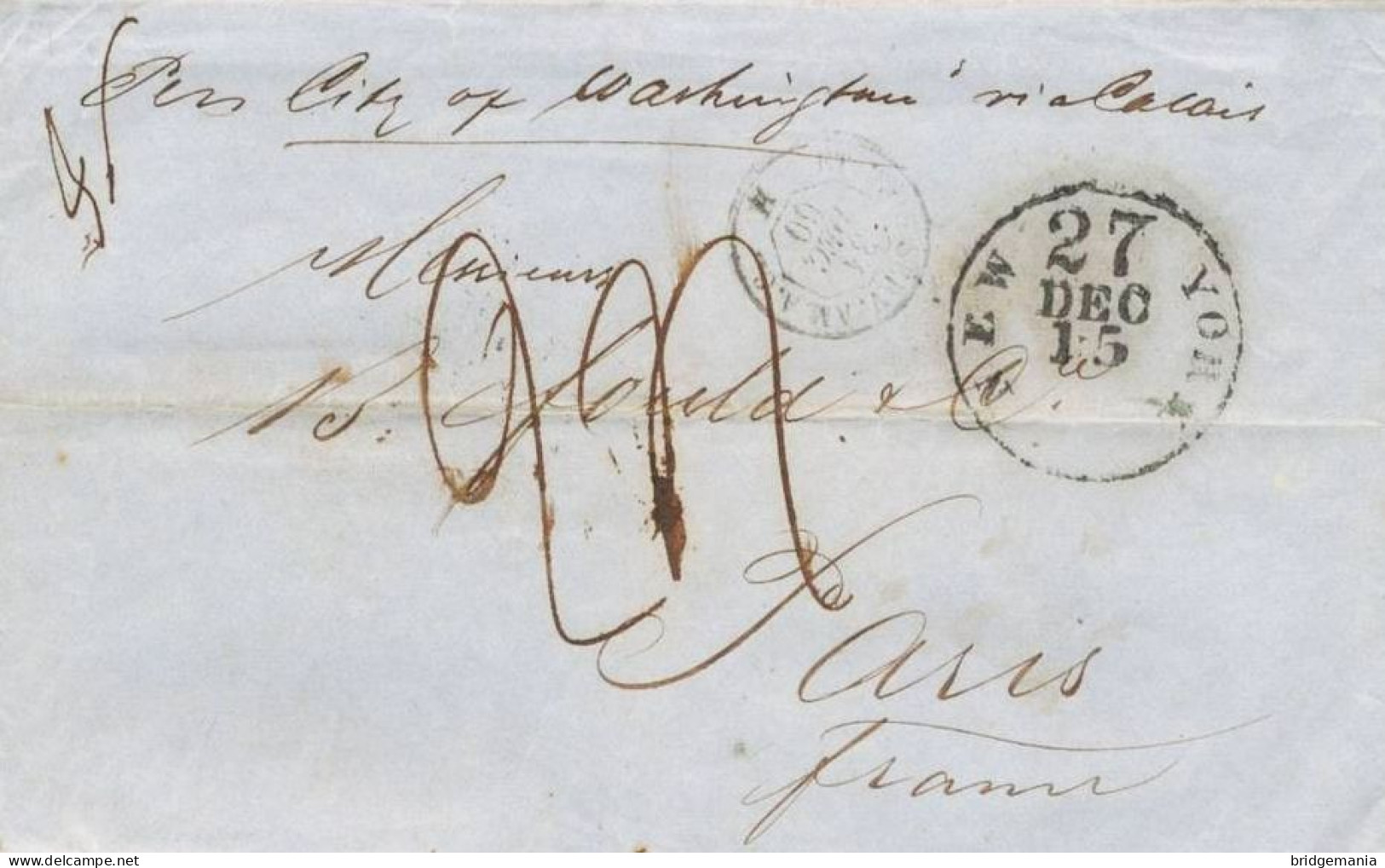 MTM102 - 1860 TRANSATLANTIC LETTER USA TO FRANCE Steamer CITY OF WASHINGTON - UNPAID 3 RATE - Storia Postale