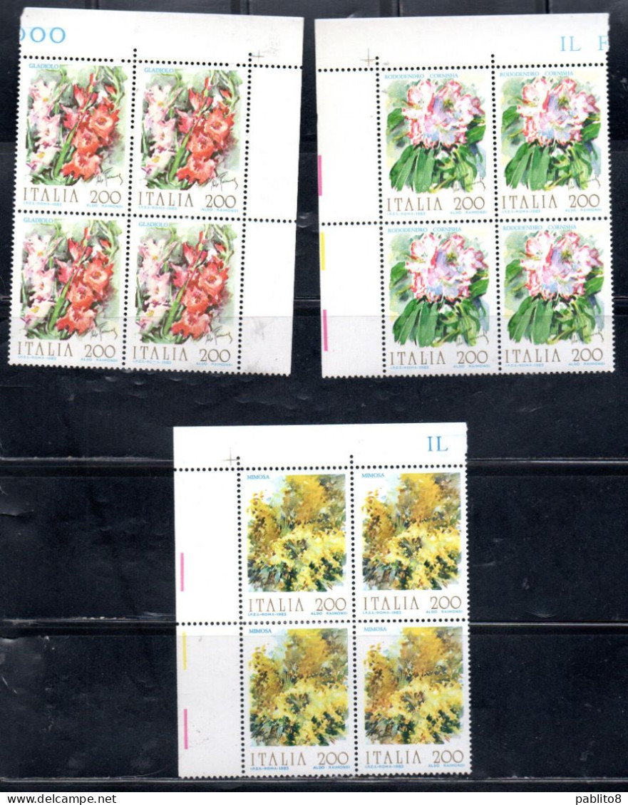 ITALIA REPUBBLICA ITALY 1983 FLORA FIORI D'ITALIA FLOWERS SERIE GLADIOLO MIMOSA RODODENDRO QUARTINA ANGOLO DI FOGLIO MNH - 1981-90: Nieuw/plakker