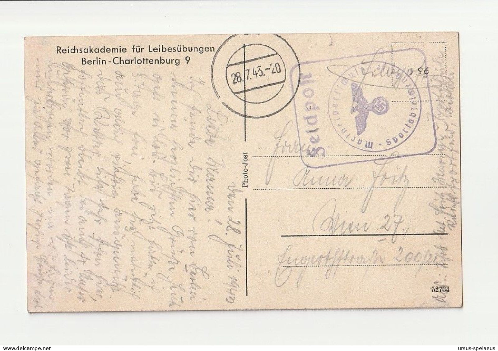 REICHSSPORTFELD SCHWIMMBECKEN Stempel MARINESPORTSCHULE SPORTABZEICHENSTELLE  Feldpostkarte 1943 - Guerre 1939-45