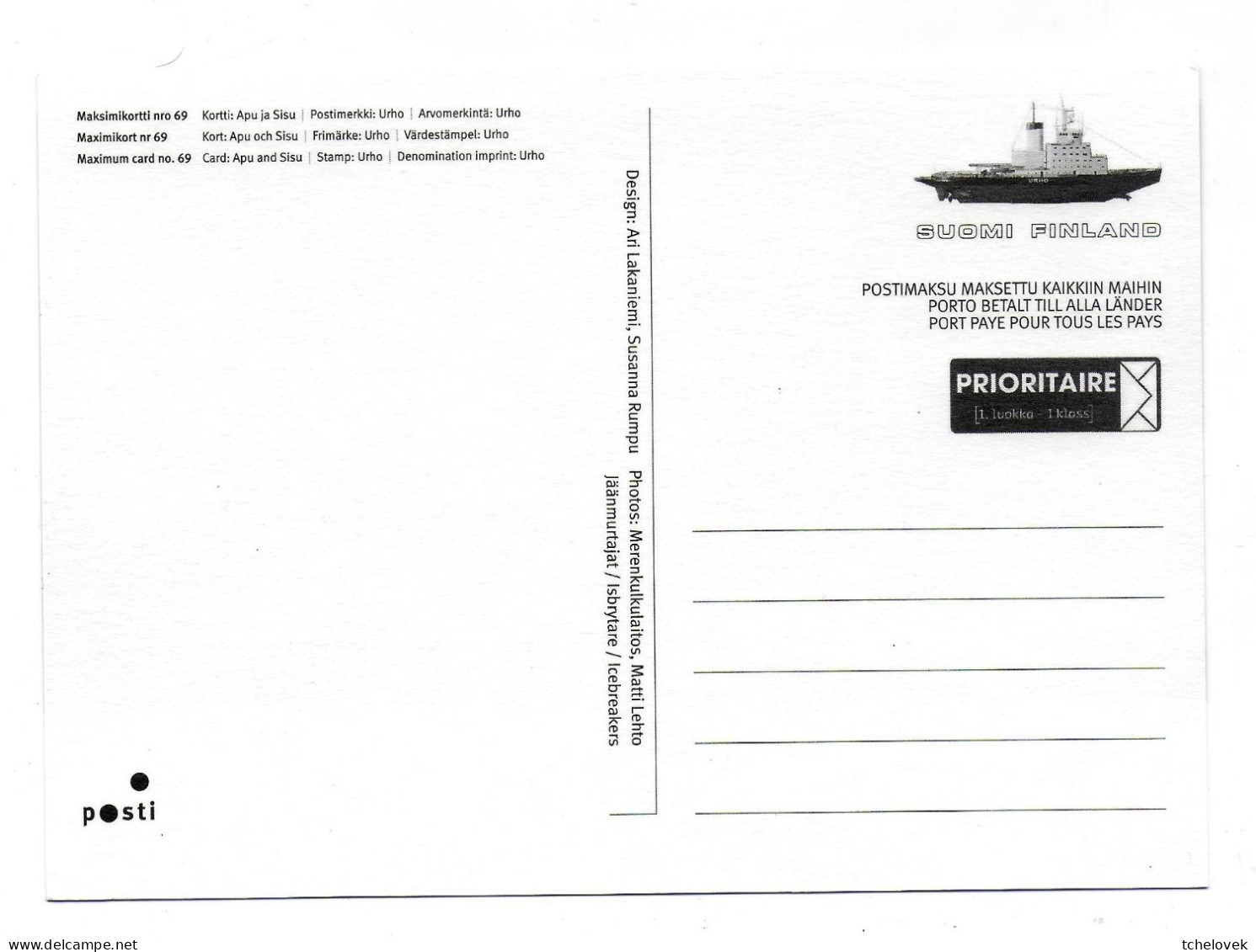 Thèmes. Bateaux. Brise Glace Icebeaker. Finlande. Urho Sisu Apu N°69 Carte Maximum - Other & Unclassified