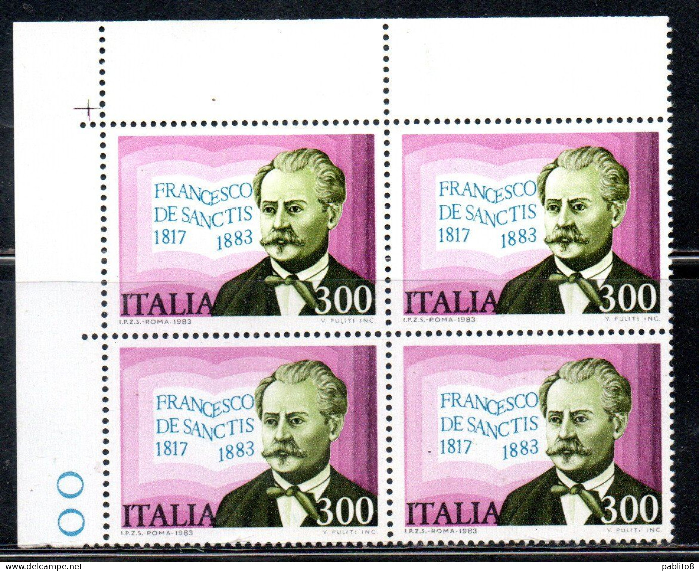ITALIA REPUBBLICA ITALY REPUBLIC 1983 FRANCESCO DE SANCTIS QUARTINA ANGOLO DI FOGLIO BLOCK MNH - 1981-90: Nieuw/plakker