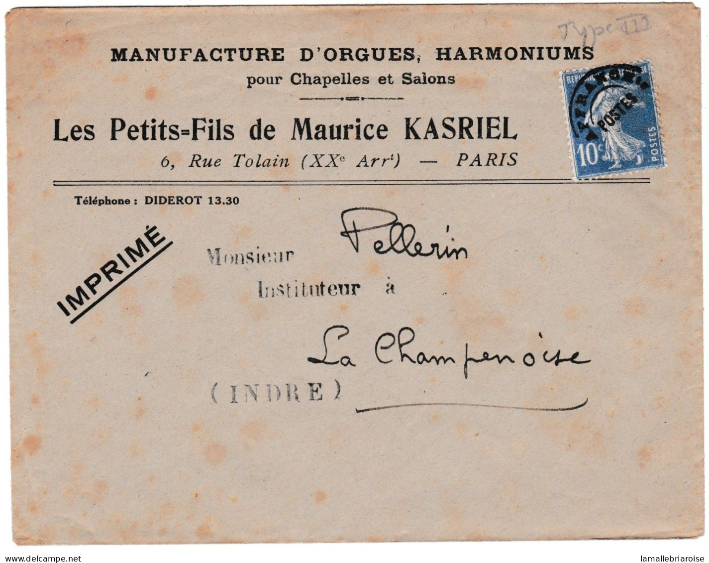 Enveloppe à Entête Publicitaire: Manufacture D'orgues, Harmoniums, Les Petits Fils De Maurice Kasriel. - Werbung