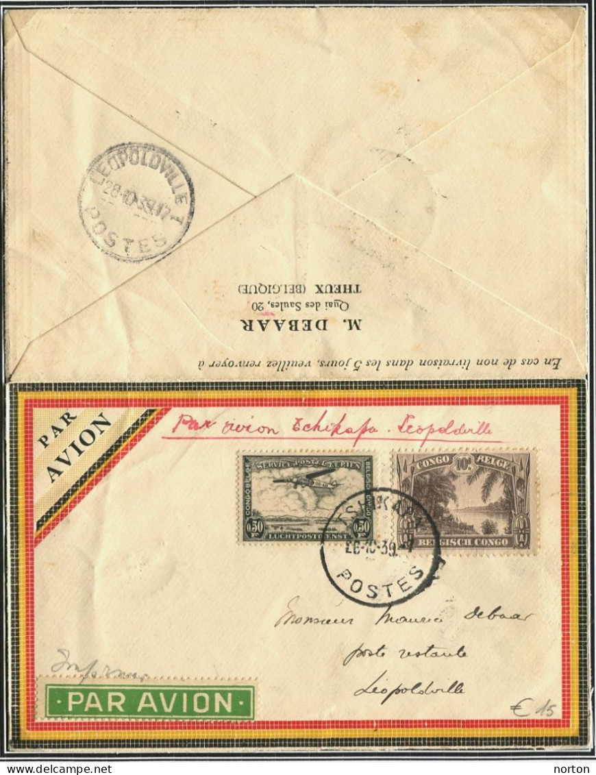 Congo Léopoldville 1 Oblit. Keach 7C2 Sur C.O.B. 168+PA7 Sur Lettre Venant De Tshikapa Le 26/10/1939 - Lettres & Documents