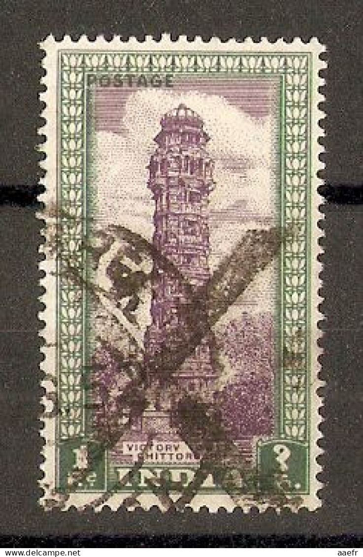 Inde 1949 - Curiosité - Black X Cancellation On Sc 218 - Oblitération Croix Noire - Victory Tower - Chittorgarh - Oblitérés