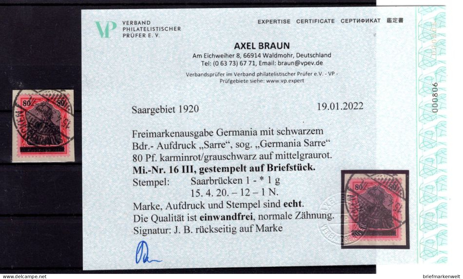 Saar 16III Herrlich Auf Gest. Luxusbriefstück+gepr. Befund 380EUR (K3501 - Briefe U. Dokumente