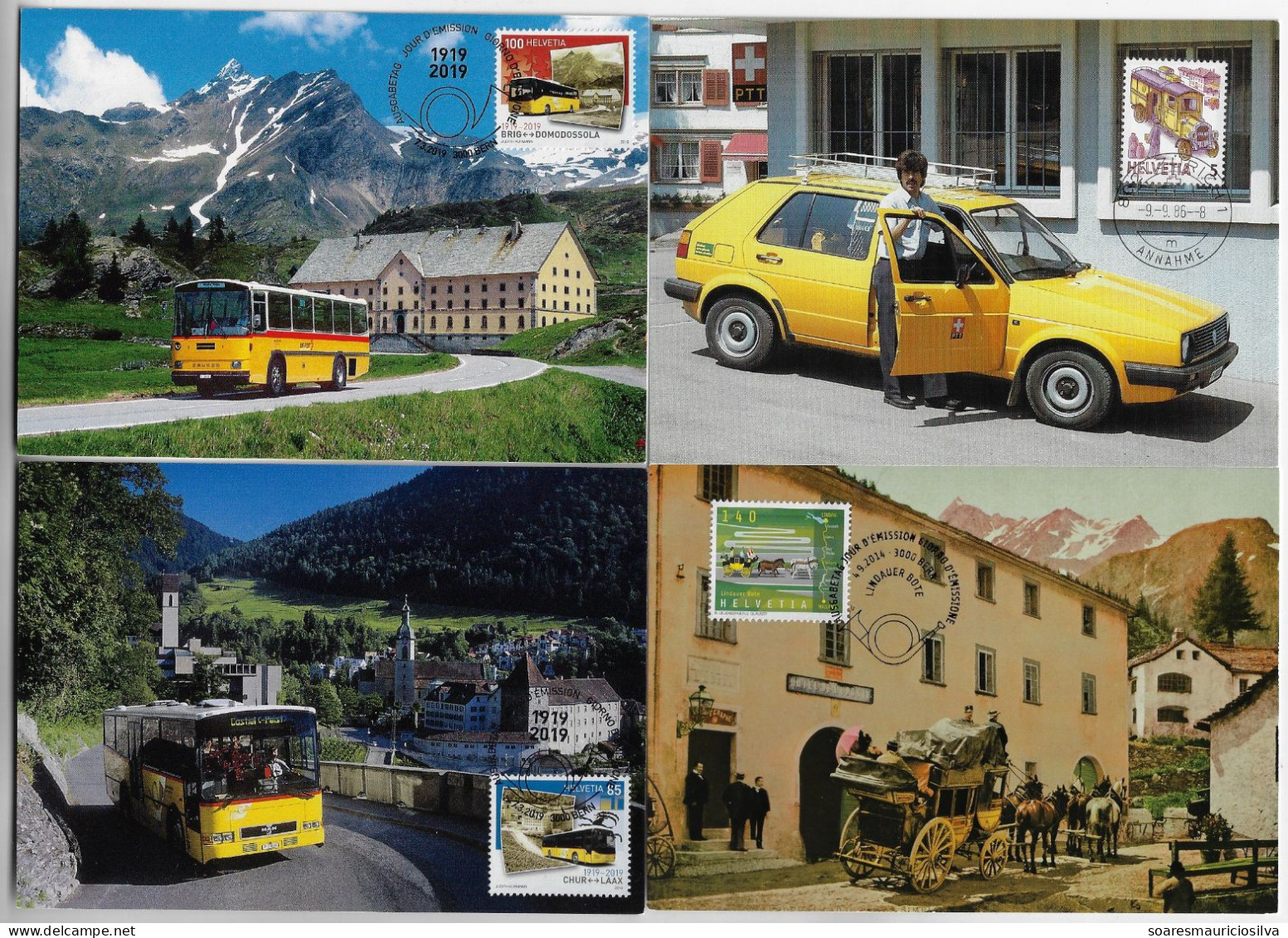 Switzerland 1986/2019 4 Maximum Card Postal Transport Bus Stagecoach Car Mail Office - Busses