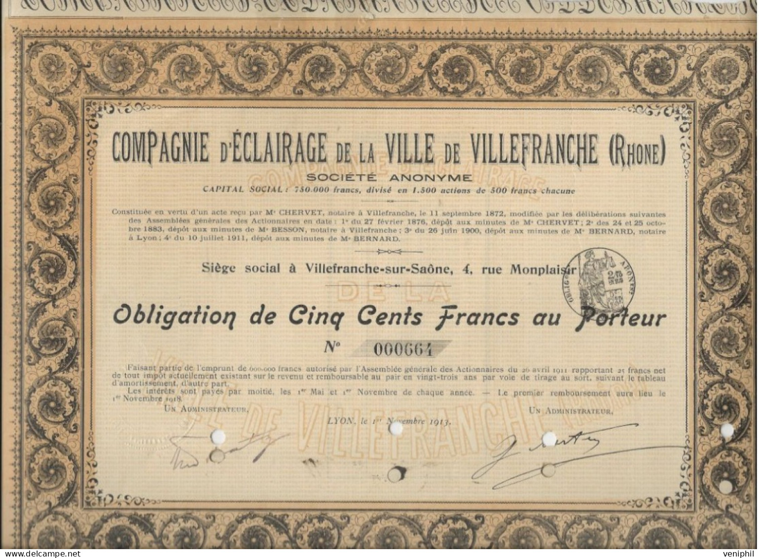 COMPAGNIE D'ECLAIRAGE DE LA VILLE DE VILLEFRANCHE -RHONE - OBLIIGATION DE CINQ CENT FRANCS -ANNEE 1913 - Electricity & Gas