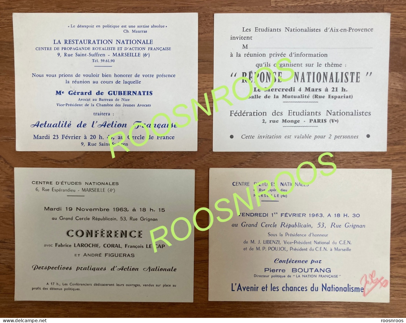 LOT DE 4 CARTONS  D'INVITATION - NATIONALISME - ACTION FRANCAISE - CEN MARSEILLE - AIX - 1963 - Autres & Non Classés