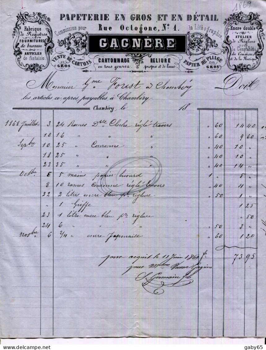 FACTURE.73.CHAMBÉRY.PAPETERIE GROS & DÉTAILCARTONNAGE.RELIURE.GAGNIÈRE 1 RUE OCTOGONE. - Printing & Stationeries