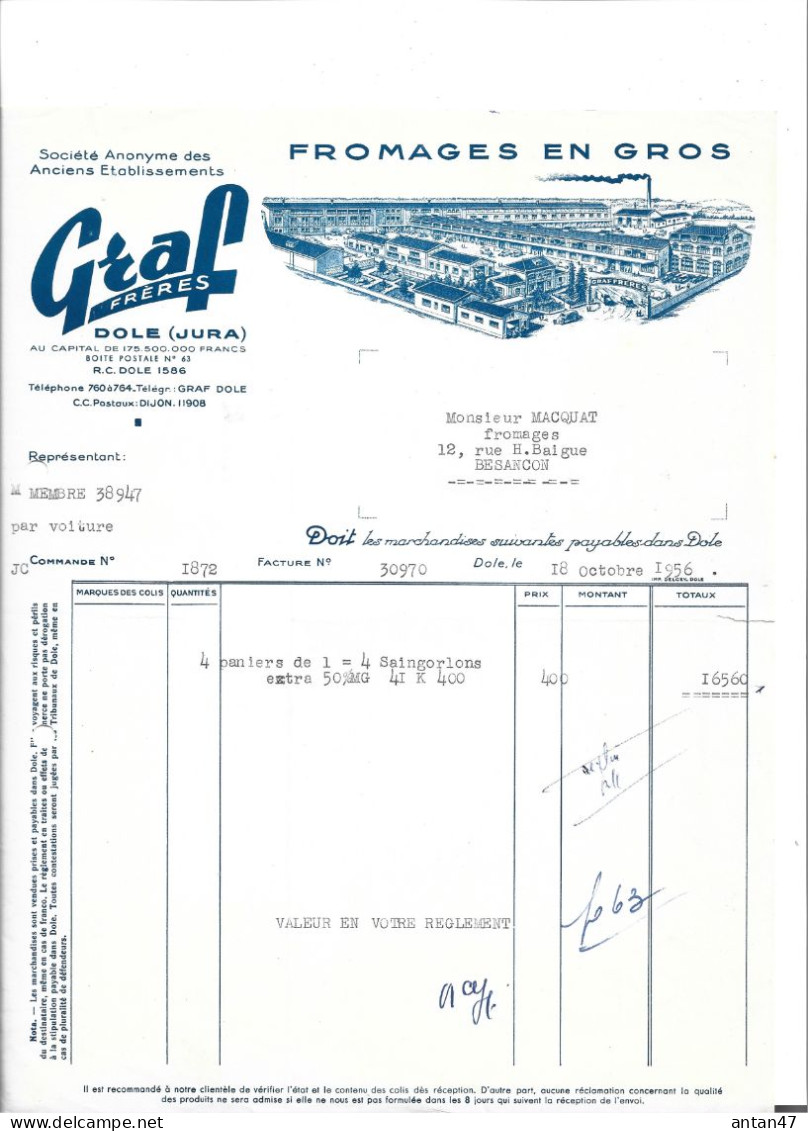 2 Factures Illustrées (usine) 1956 / 39 DOLE / Fromages GRAF - Food