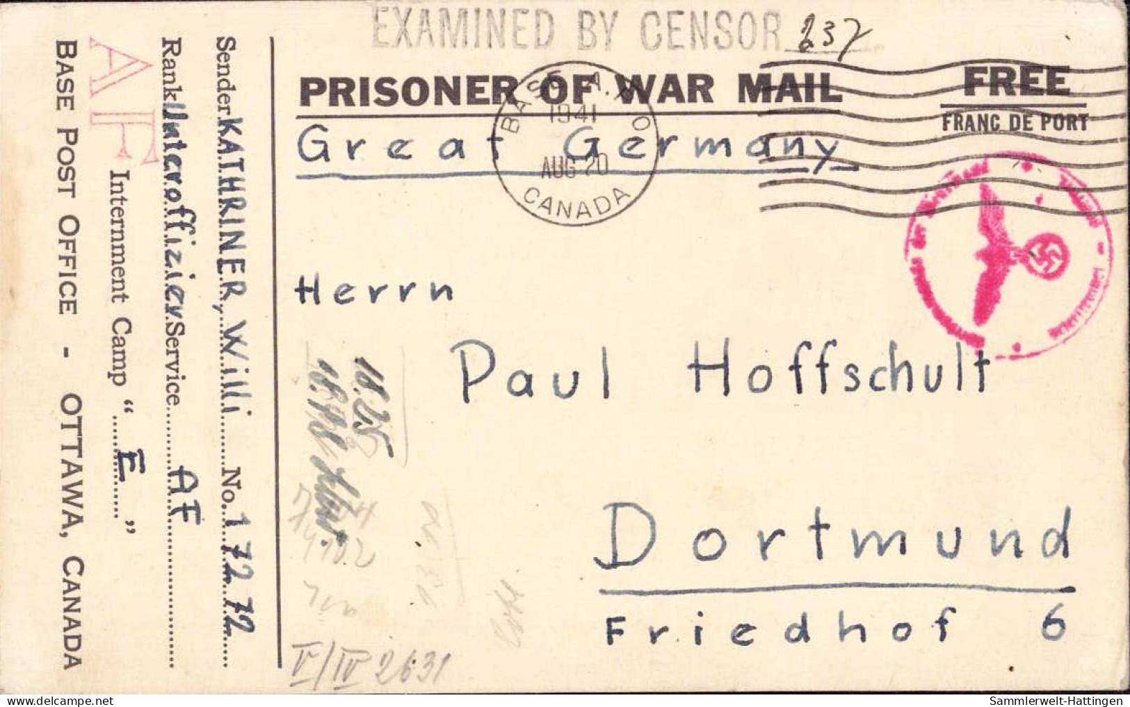 603982 | Kriegsgefangenenpost POW From Internent Camp E Ottawa Canada  | -, -, - - Kriegsgefangenenpost