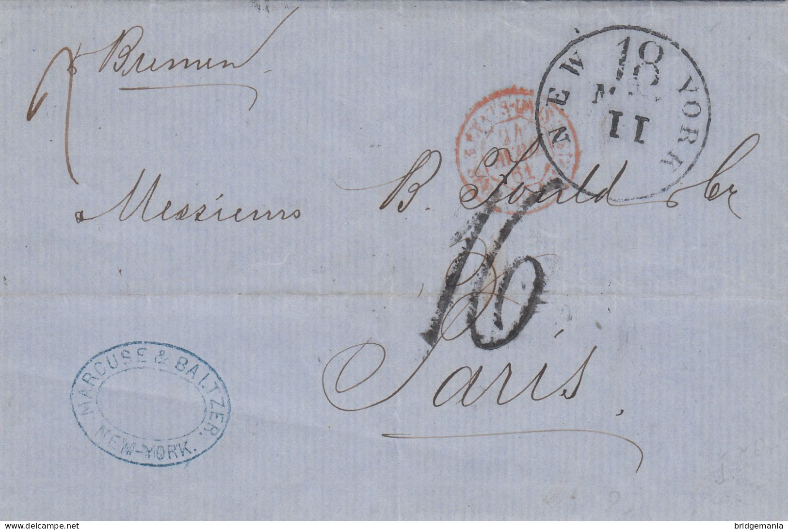 MTM103 - 1861 TRANSATLANTIC LETTER USA TO FRANCE Steamer BREMEN UNPAID 2 RATE - Storia Postale