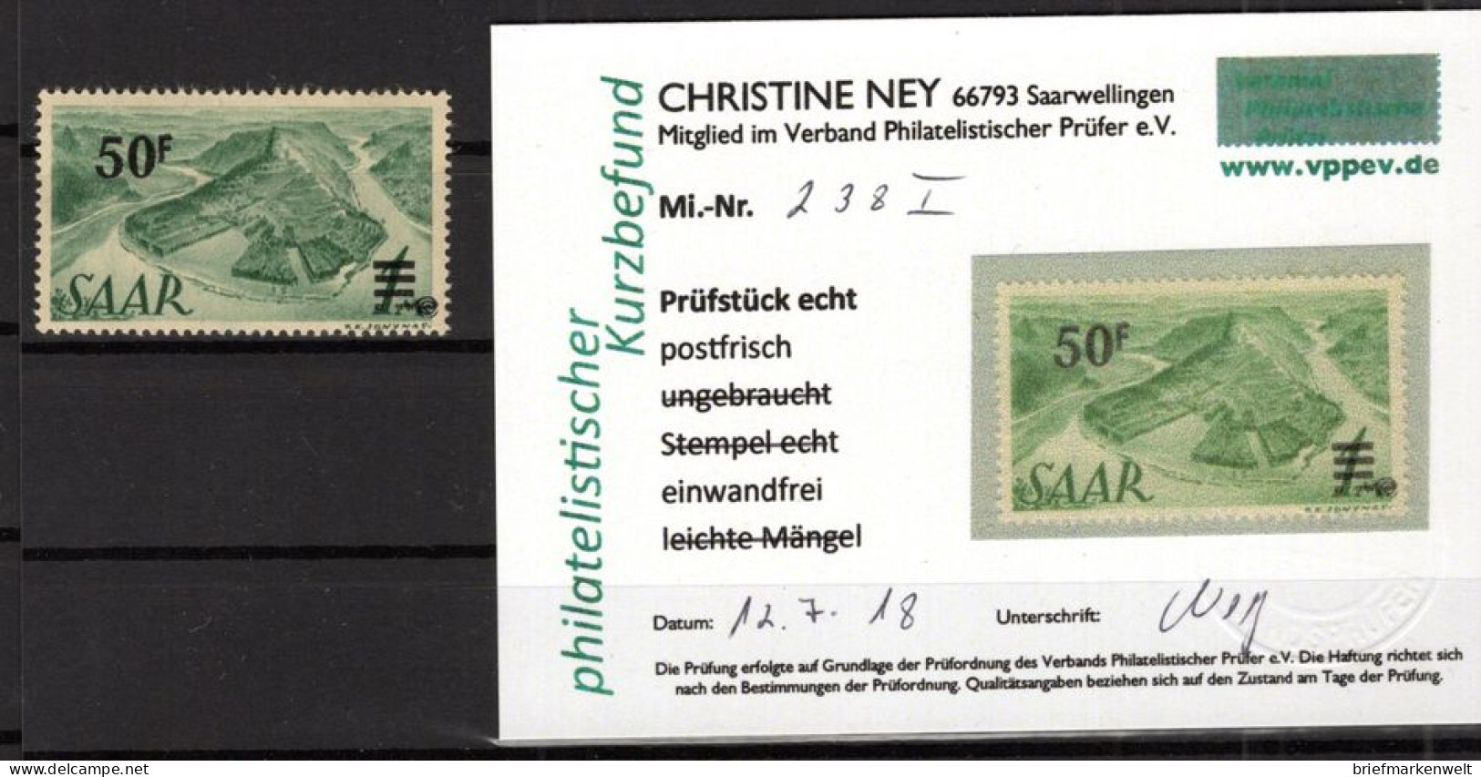 Saar URDRUCK 238ZI LUXUS ** MNH POSTFRISCH+gepr. Befund 200EUR (B4086 - Unused Stamps