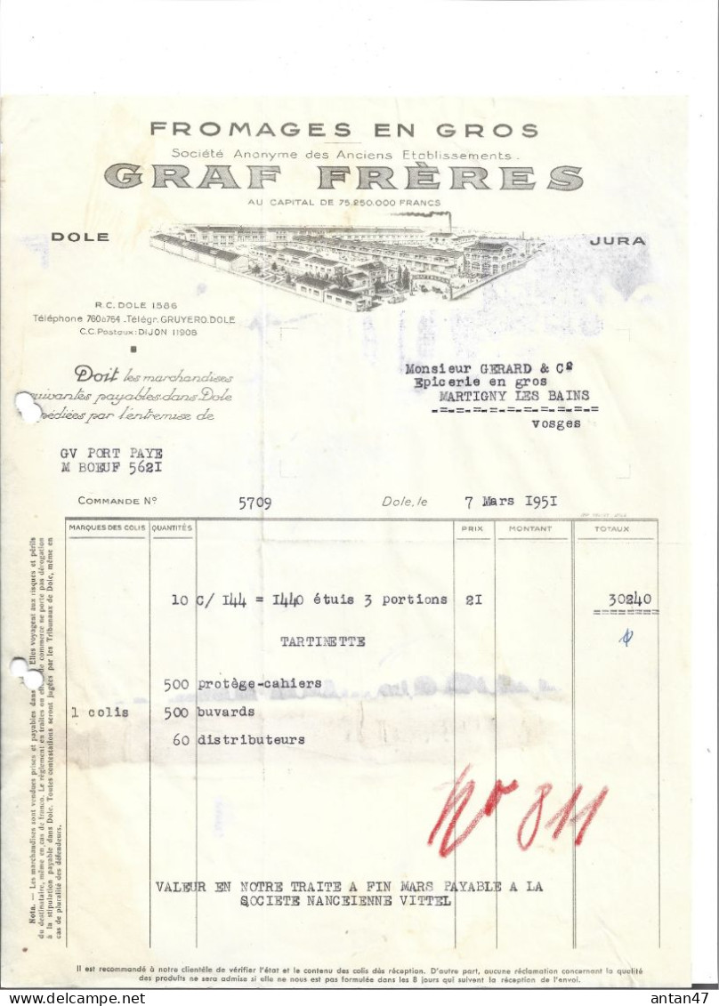 2 Factures Illustrées (usine) 1951 / 39 DOLE / Fromages GRAF - Alimentare