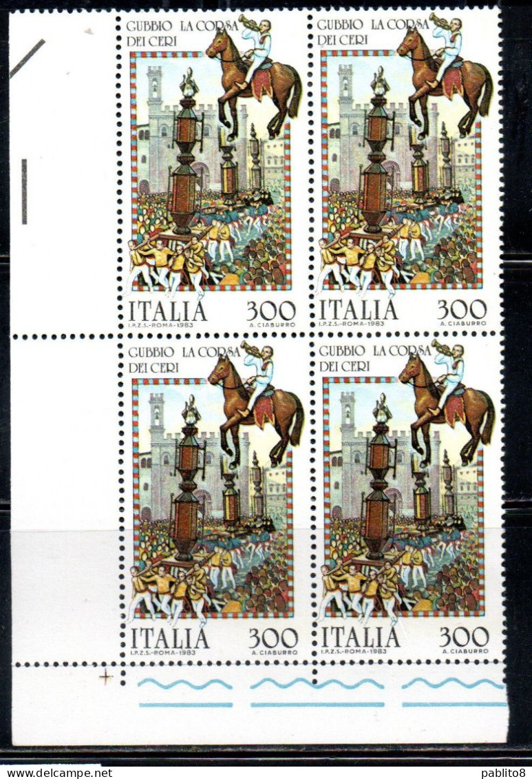 ITALIA REPUBBLICA ITALY 1983 FOLKLORE FOLCLORE ITALIANO CORSA DEI CERI A GUBBIO QUARTINA ANGOLO DI FOGLIO BLOCK MNH - 1981-90: Mint/hinged