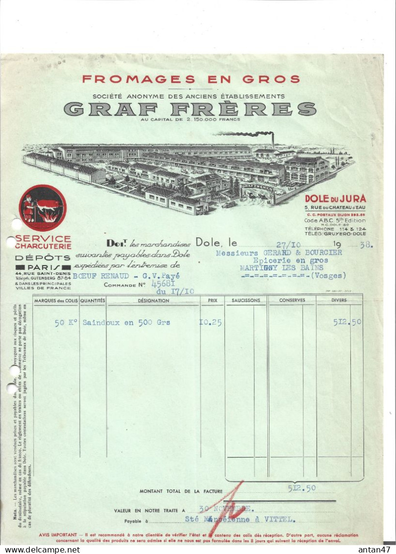 2 Factures Illustrées (usine) 1938 Avec Logo Service Charcuterie Cochon / 39 DOLE / 75001 PARIS / Fromages GRAF - Alimentos