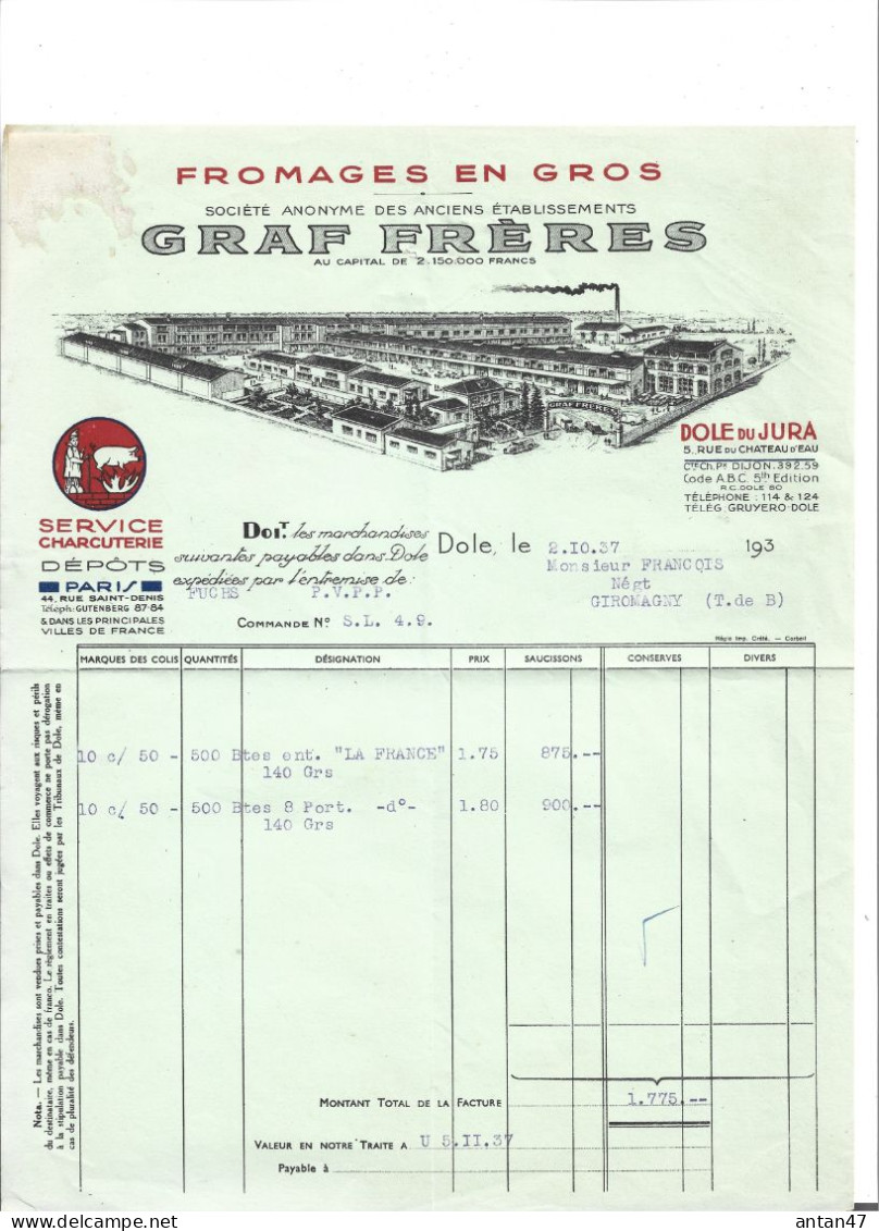 2 Factures Illustrées (usine) 1938 Avec Logo Service Charcuterie Cochon / 39 DOLE / 75001 PARIS / Fromages GRAF - Alimentaire