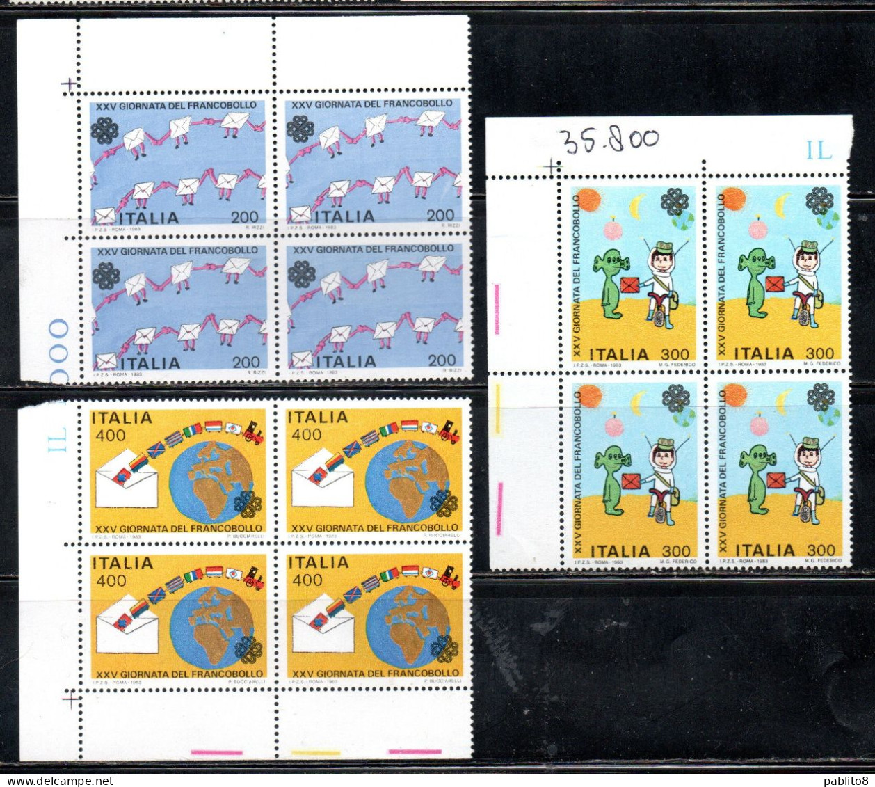 ITALIA REPUBBLICA ITALY REPUBLIC 1983 GIORNATA DEL FRANCOBOLLO STAMP DAY SERIE QUARTINA ANGOLO DI FOGLIO BLOCK MNH - 1981-90: Neufs