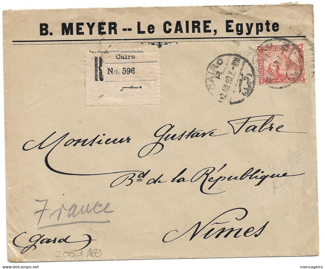 (C04) - REGISTRED COVER WITH 2P. STAMP CAIRO / R => FRANCE 1910 - 1866-1914 Khedivaat Egypte