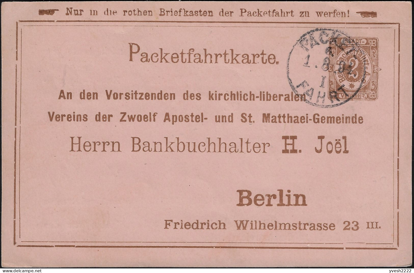 Berlin 1894. Poste Privée Berliner Packetfahrt... Entier Postal Timbré Sur Commande. Association Des 12 Apôtres - Christianisme