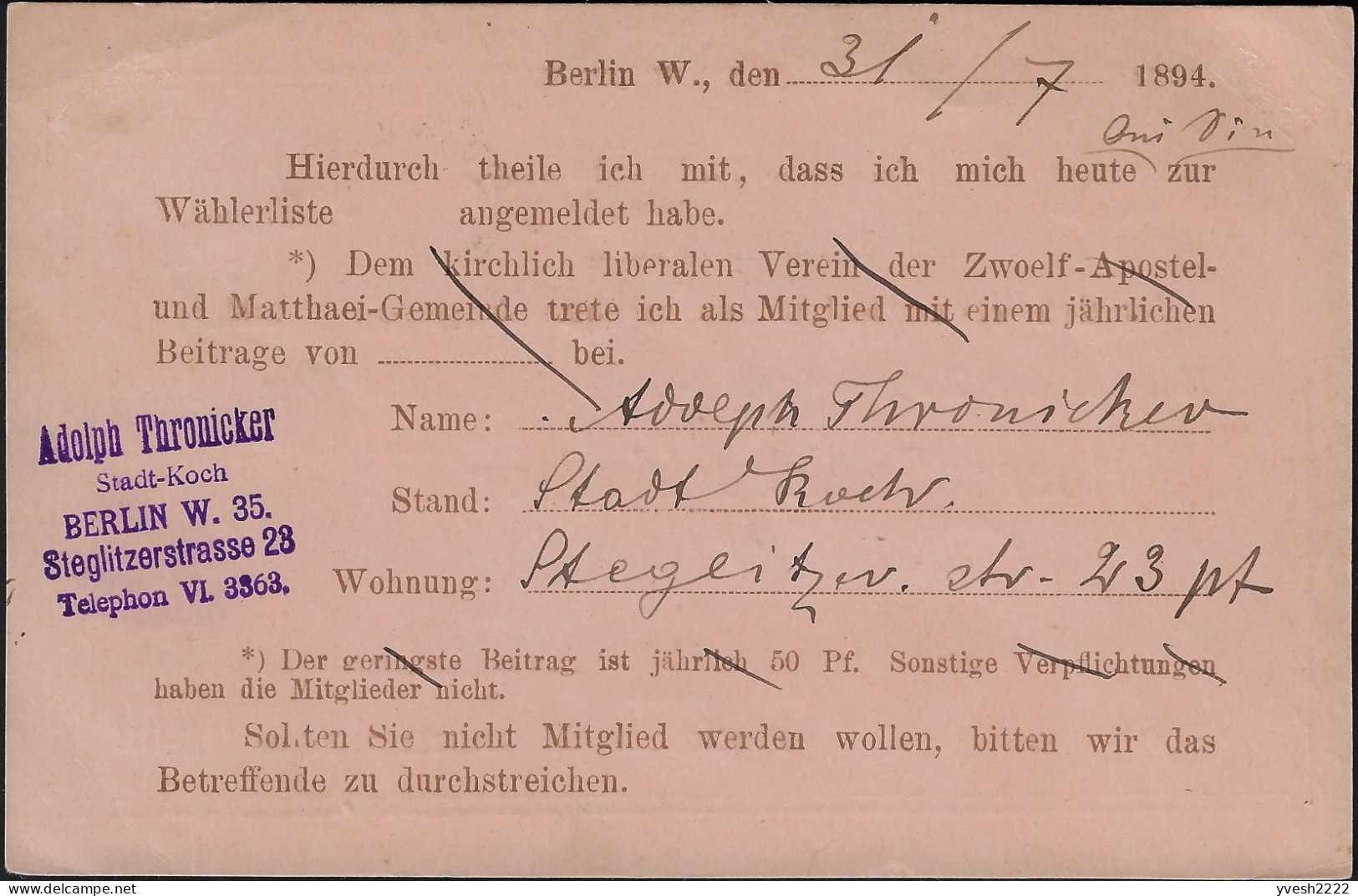 Berlin 1894. Poste Privée Berliner Packetfahrt... Entier Postal Timbré Sur Commande. Association Des 12 Apôtres - Cristianismo