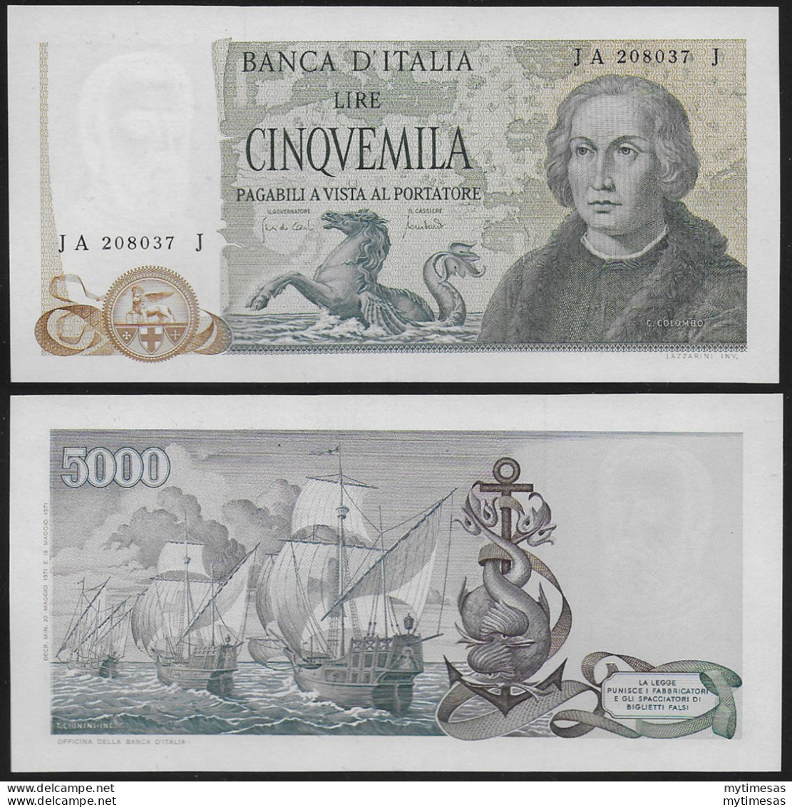 1971 Italia Lire 5.000 Colombo 2nd Type SUP Rif. BI 67A Gigante - Other & Unclassified