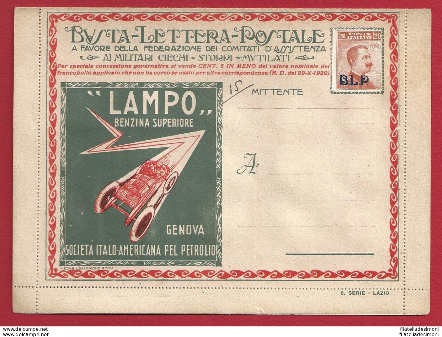 1921 REGNO, BLP N° 2  20 Cent. Arancio BUSTA SPECIALE NUOVA - - Zegels Voor Reclameomslagen (BLP)