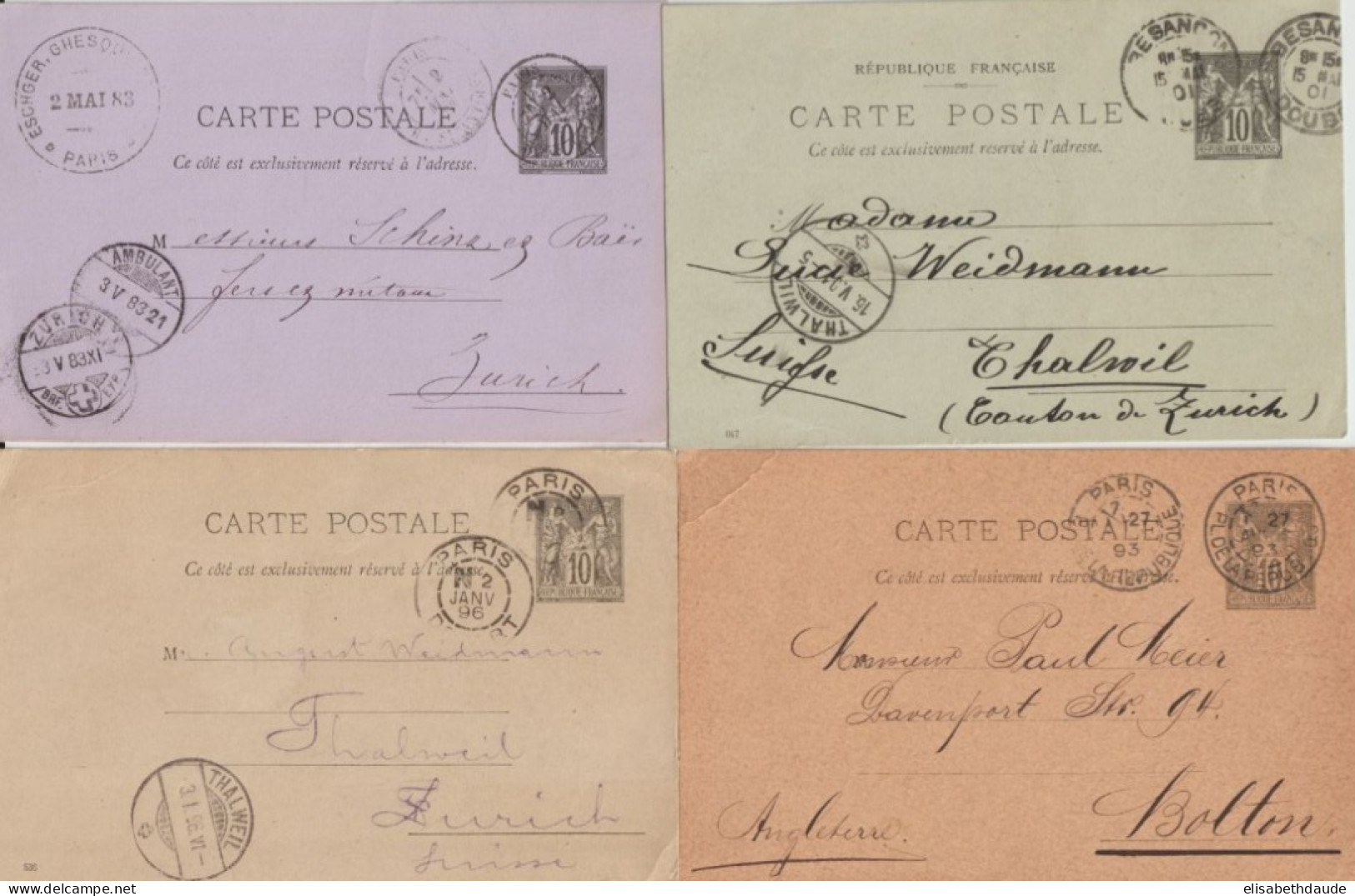 1883/1901 - 4 CP ENTIERS SAGE DIFFERENTES De PARIS ET BESANCON => SUISSE (THALWEIL ET ZÜRICH) + ANGLETERRE (BOLTON) - 1876-1898 Sage (Type II)