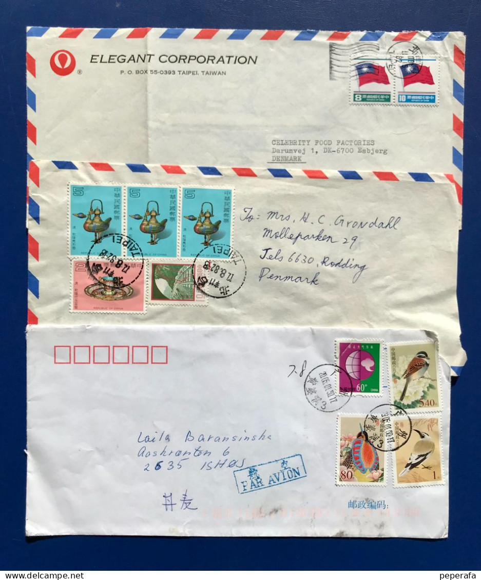 CHINA, 3 SOBRES COMERCIALES CIRCULADOS A DINAMARCA (LOTE 1) - Poste Aérienne