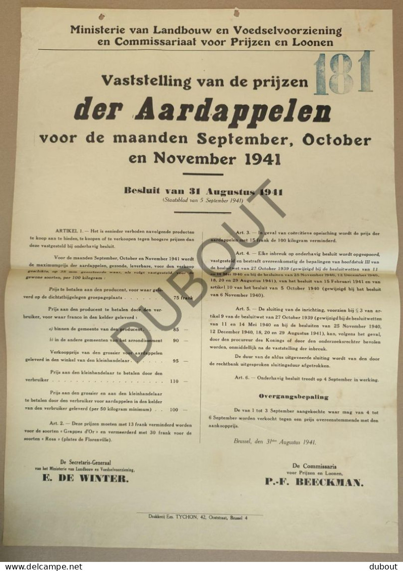 WOII - Affiche - 1941 - Prijzen Der Aardappelen  (P413) - Affiches