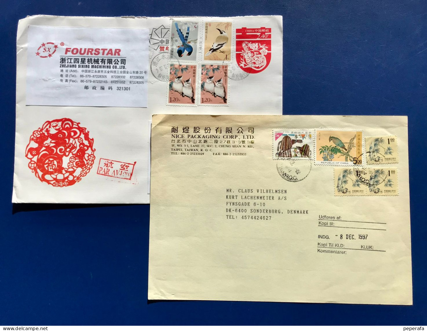 CHINA, 2 SOBRES COMERCIALES CIRCULADOS A DINAMARCA (FORMATO GRANDE) - Luftpost