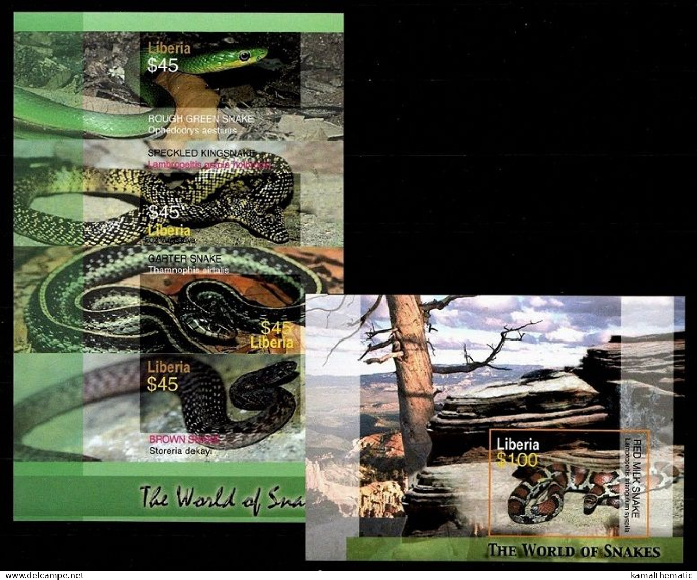 Rough Green, Speckled King, Red Milk, Garter, Snakes Reptiles, Liberia 2006 MNH Imperf MS+SS - Snakes