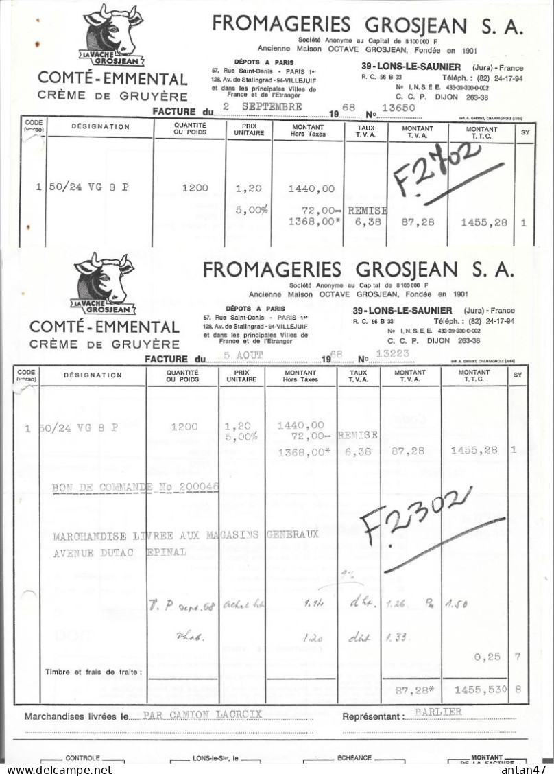 7 Factures Illustrées Logo "La Vache GROSJEAN " 1968-70/ 39 LONS LE SAUNIER / 75001 PARIS / Fromageries GROSJEAN - Alimentaire