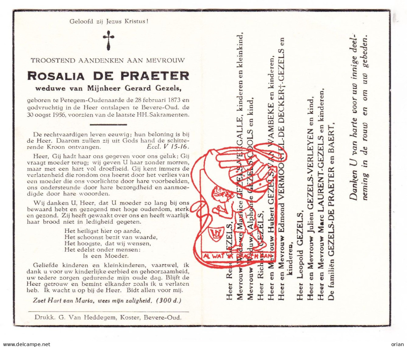 DP Rosalia De Praeter ° Petegem Ad Schelde 1873† Bevere Oudenaarde 1956 Gezels Vergalle Cools Van Wambeke Verleyen Baert - Imágenes Religiosas