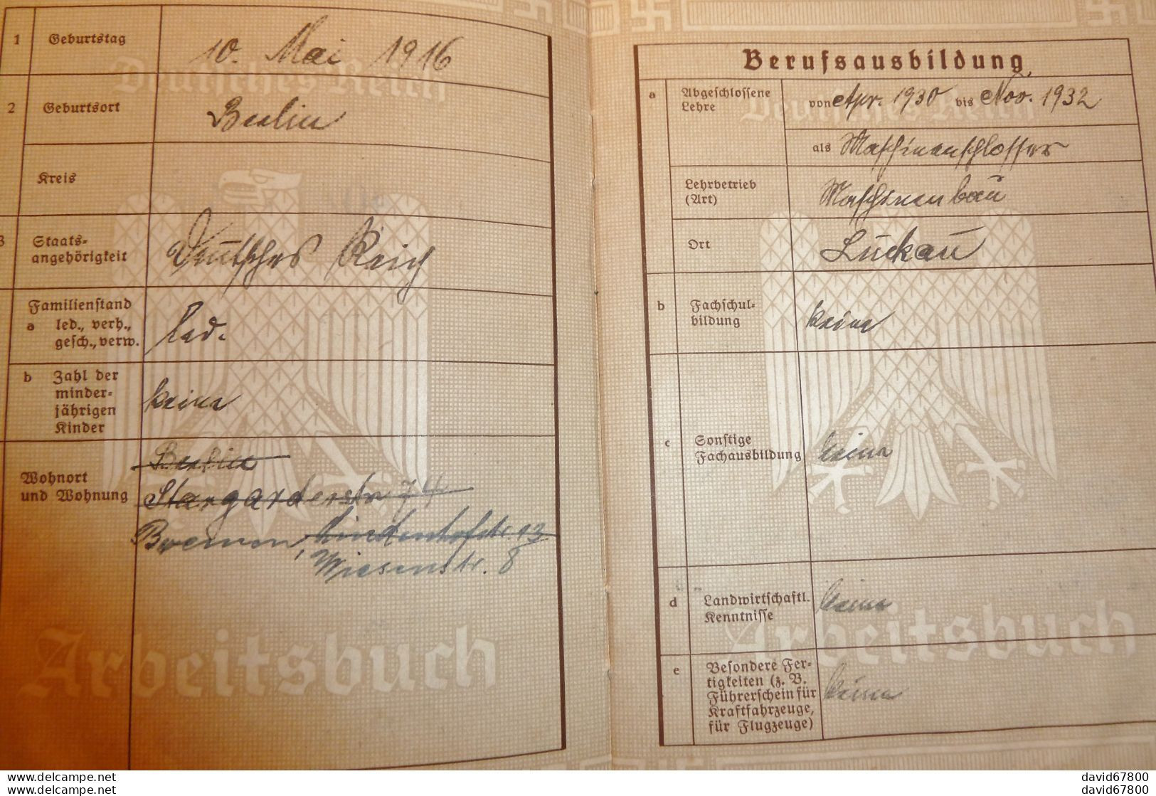 Arbeitsbuch Livret Soldat Allemand 1939/1945 German WW2 Équipement Soldat - 1939-45