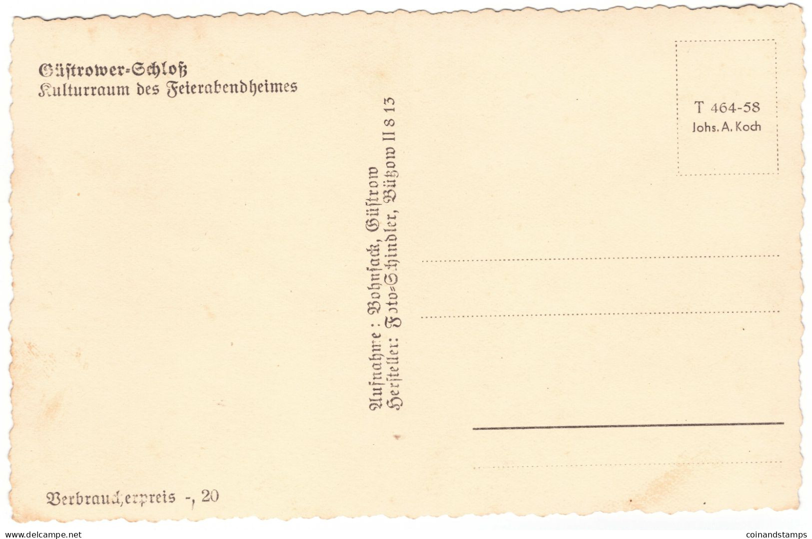 Postkarte Güstrow Schloß -Großer Saal/Feierabendheim, S/w, 1952?, Ungelaufen, I-II - Guestrow