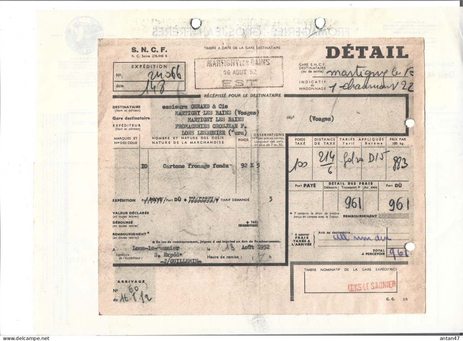 2 Factures + Traite & Bon Transport SNCF 1952-53/ 39 LONS LE SAUNIER / 75001 PARIS / Fromageries GROSJEAN - Food