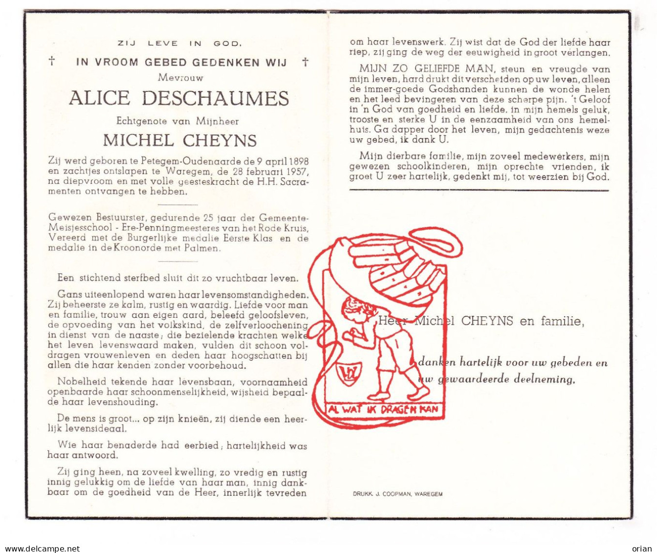 DP 25j. Bestuurster Gemeente-Meisjesschool - Alice Deschaumes ° Petegem Ad Schelde 1898 † Waregem 1957 X Michel Cheyns - Imágenes Religiosas
