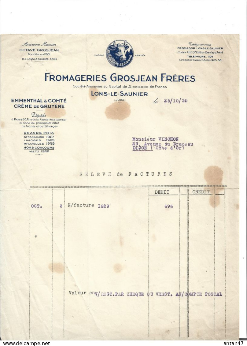 Facture Illustrée "La Vache Sérieuse" 1935 / 39 LONS LE SAUNIER / 75004 PARIS / Fromageries GROSJEAN - Alimentare