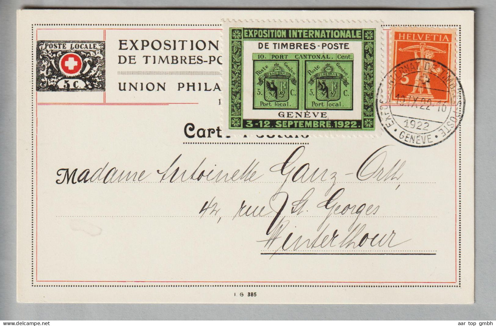 CH Heimat Sonderstempel #S81 Exposition International De Timbres-Poste Genève 1922-09-10 Offiz.Postk. Mit Vignette - Marcophilie