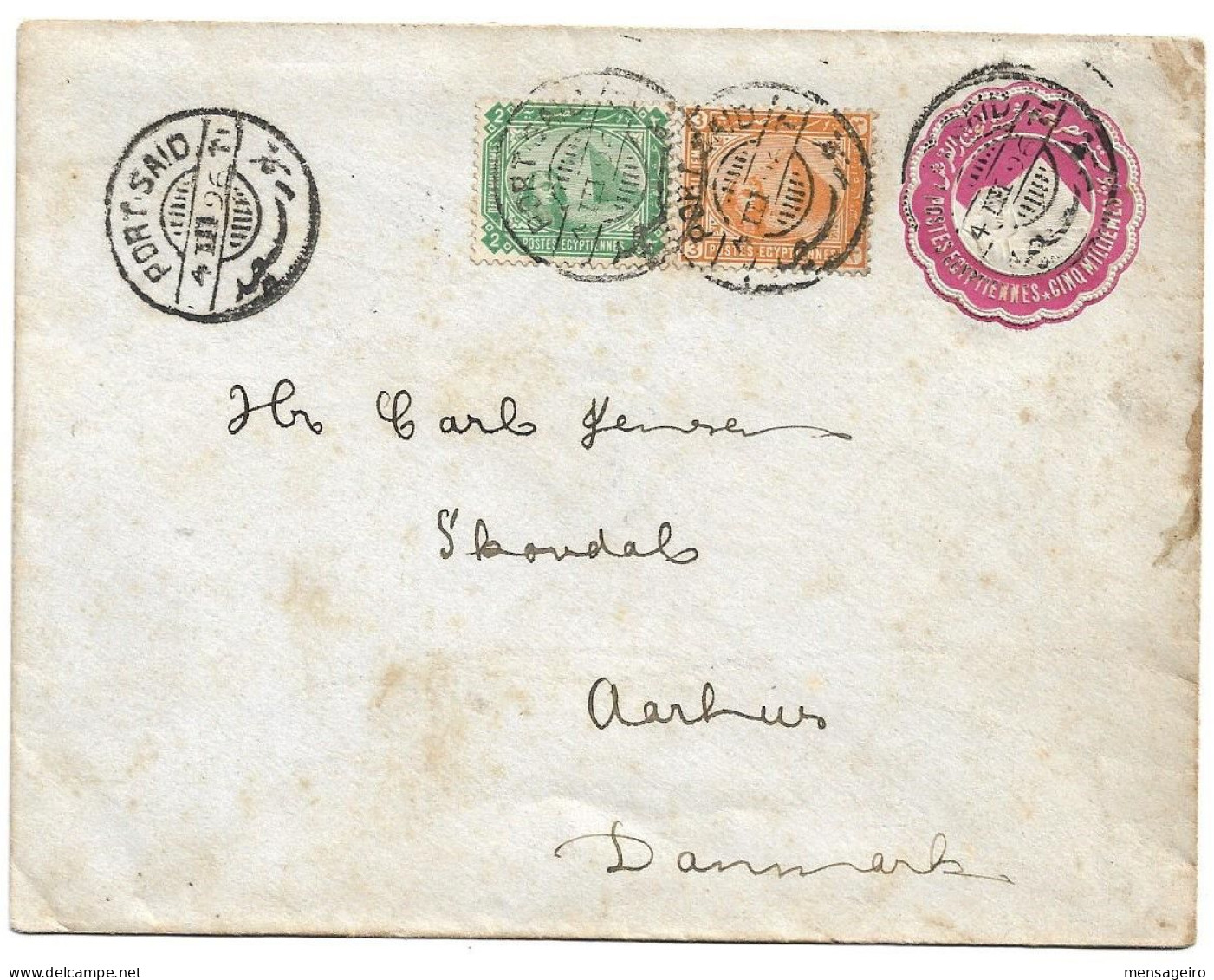 (C04) - UPRATED 5 M. STATIONERY WITH 2M. + 3M. STAMPS PORT SAID => DENMARK 1896 - 1866-1914 Khedivaat Egypte