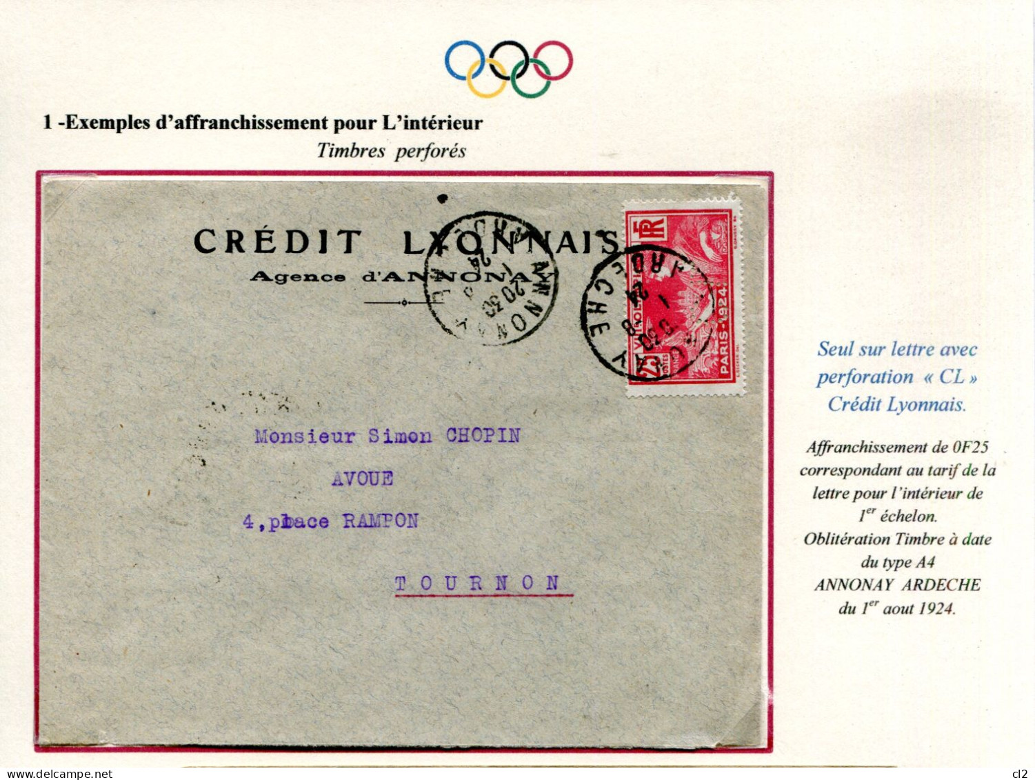Jeux Olympiques PARIS 1924 - Y&T 184 Perforé CL  Sur Enveloppe Concordante - Sommer 1924: Paris