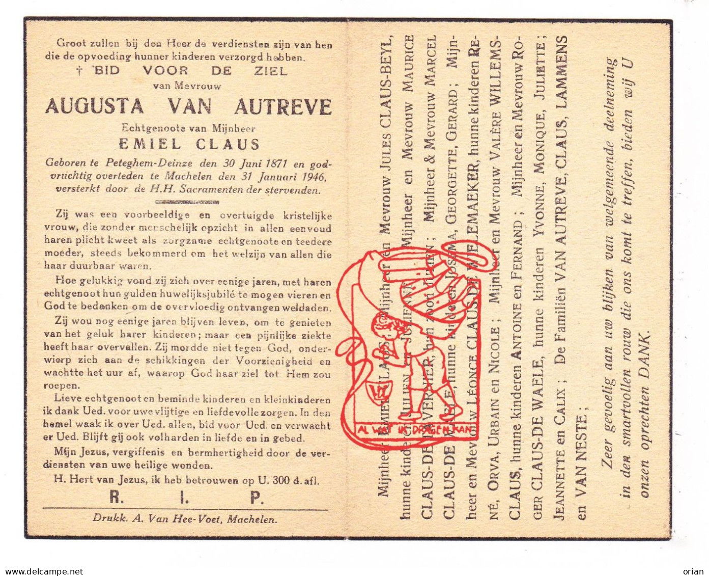 DP Augusta Van Autreve ° Petegem Deinze 1871 † Machelen Zulte 1946 Claus Beyl De Tavernier Wielemaeker Willems Van Neste - Imágenes Religiosas