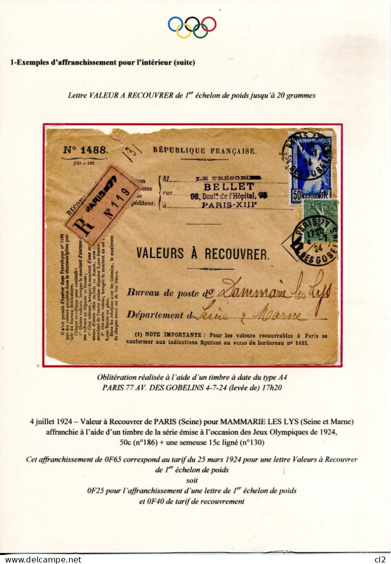 Jeux Olympiques PARIS 1924 - Y&T 186  Sur Devant D'enveloppe "VALEURS A RECOUVRER" - Summer 1924: Paris
