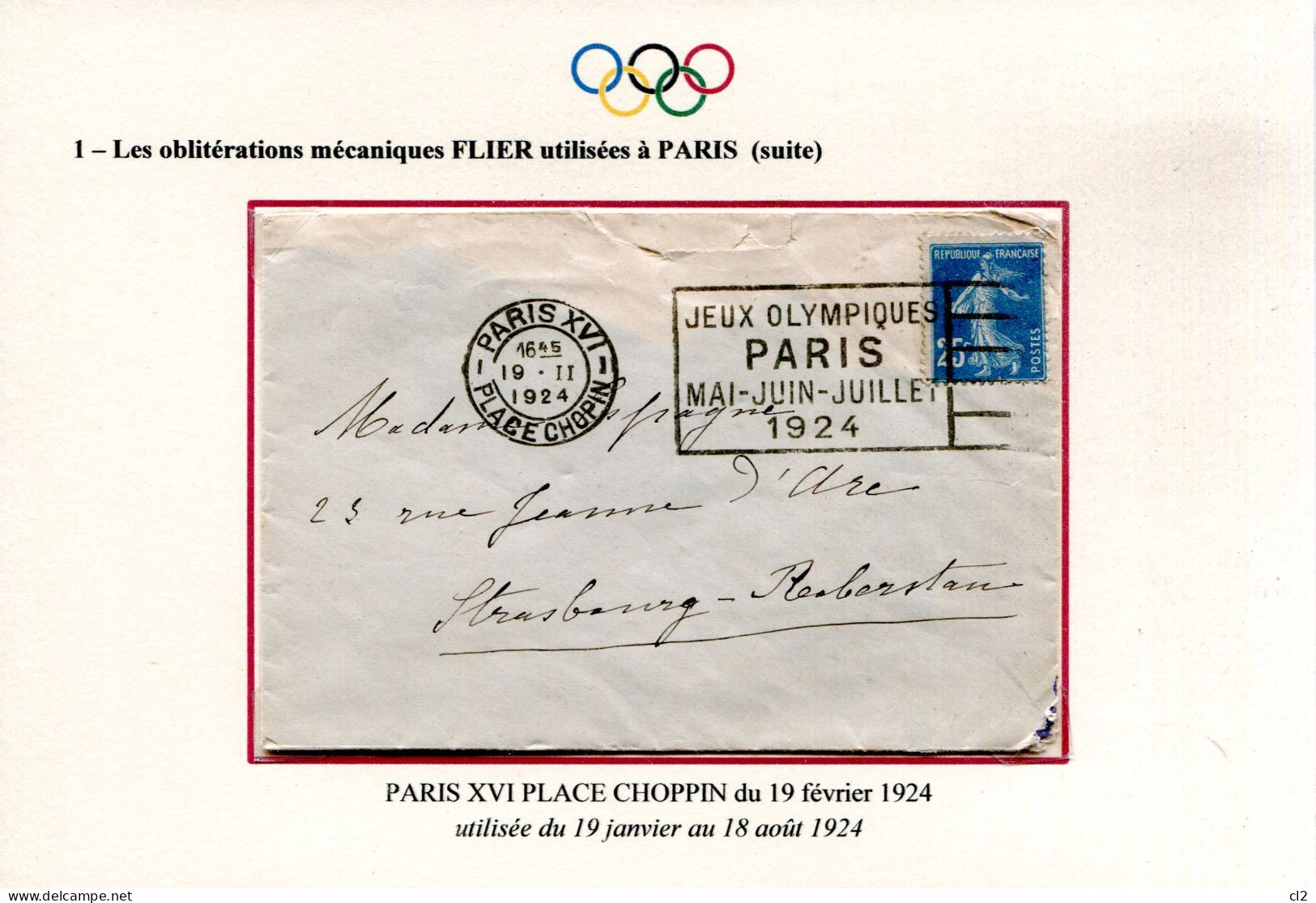 Jeux Olympiques PARIS 1924 - Oblitération Mécanique FLIER " PARIS PLACE CHOPIN" - Ete 1924: Paris